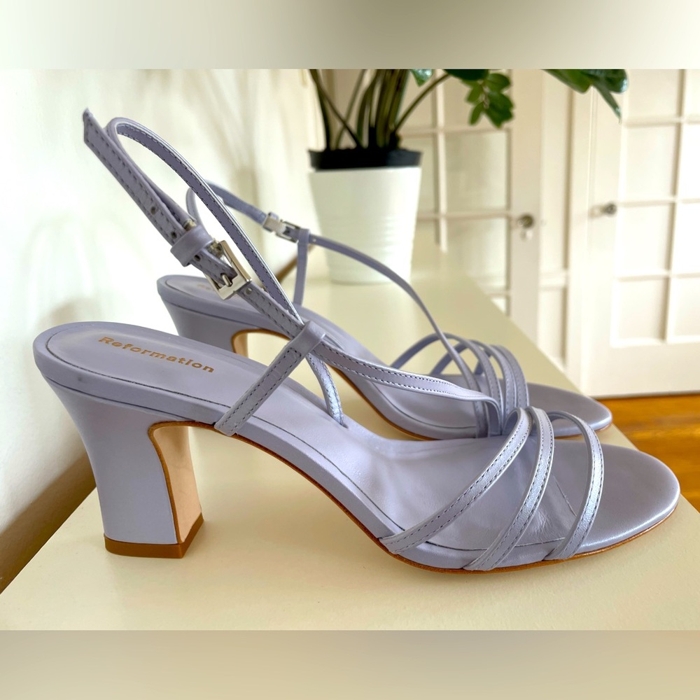 Reformation Pearly Lilac Strappy Heels